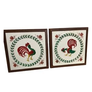Vintage Rooster Wall Art Set Ceramic Tiles Framed Farmhouse Kitchen Decor